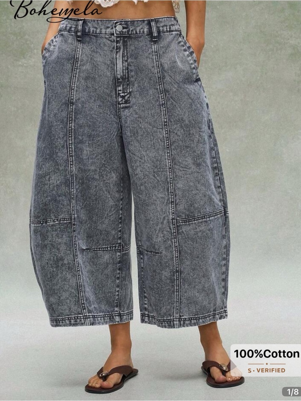 Bohemela Washed Wide-Leg Cropped Jeans - Gray